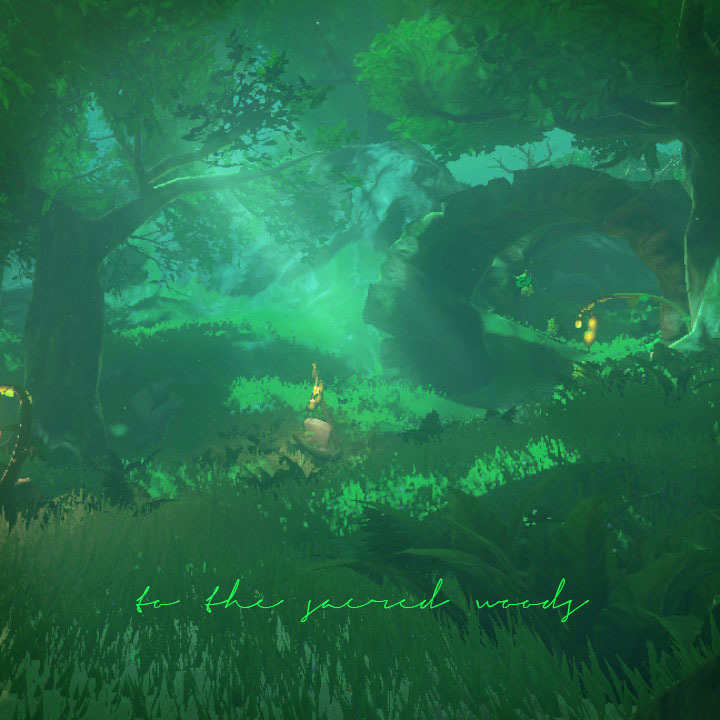 Screenshot of a video game forest area, with the text 'to the sacred woods' overlaid.